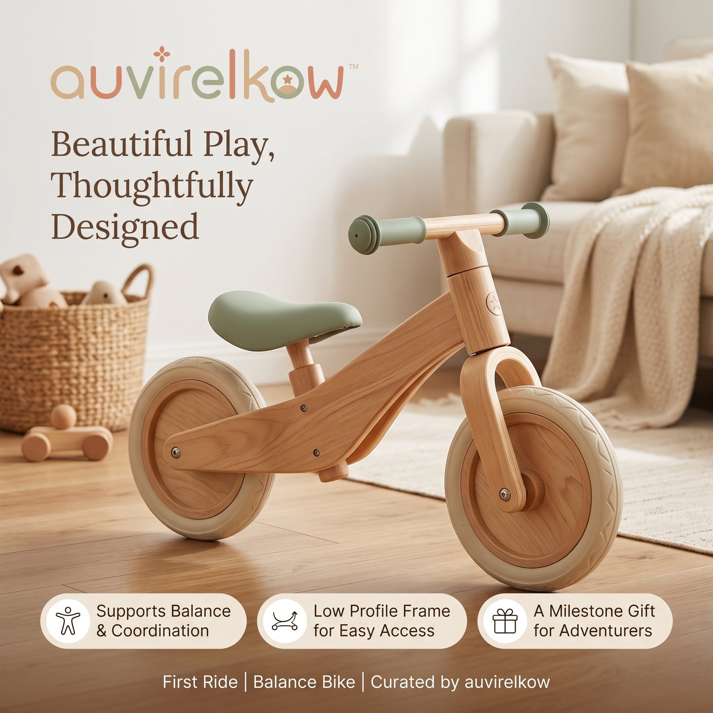 Wooden Balance Bike for Toddlers, Lightweight First Ride-On Training Bike and Active Gift