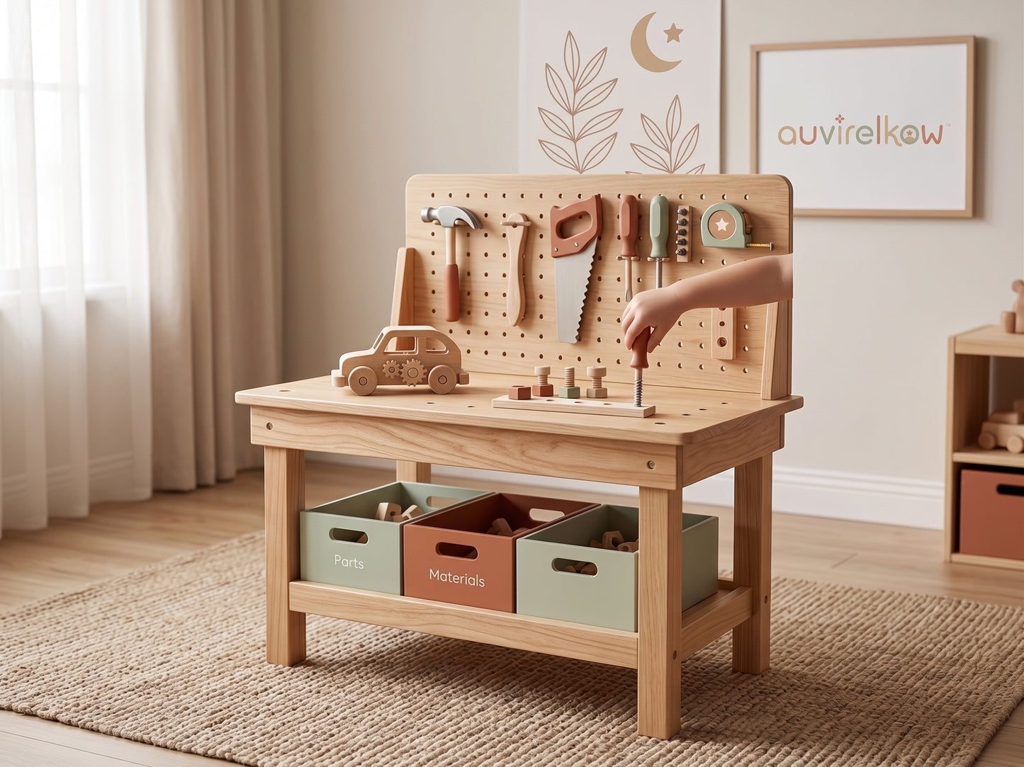 Kids Wooden Tool Bench Workshop, Pretend Builder Set with Toy Tools and STEM Role Play Gift