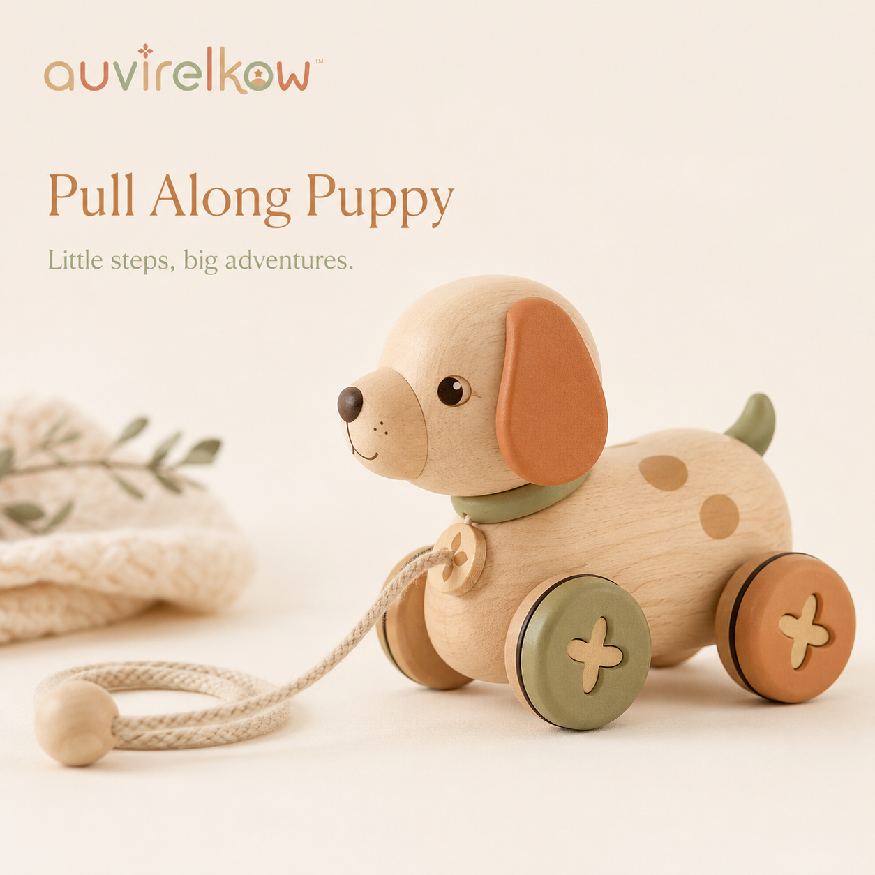 Wooden Pull-Along Puppy Toy, Toddler Walking Companion and Classic First Birthday Gift