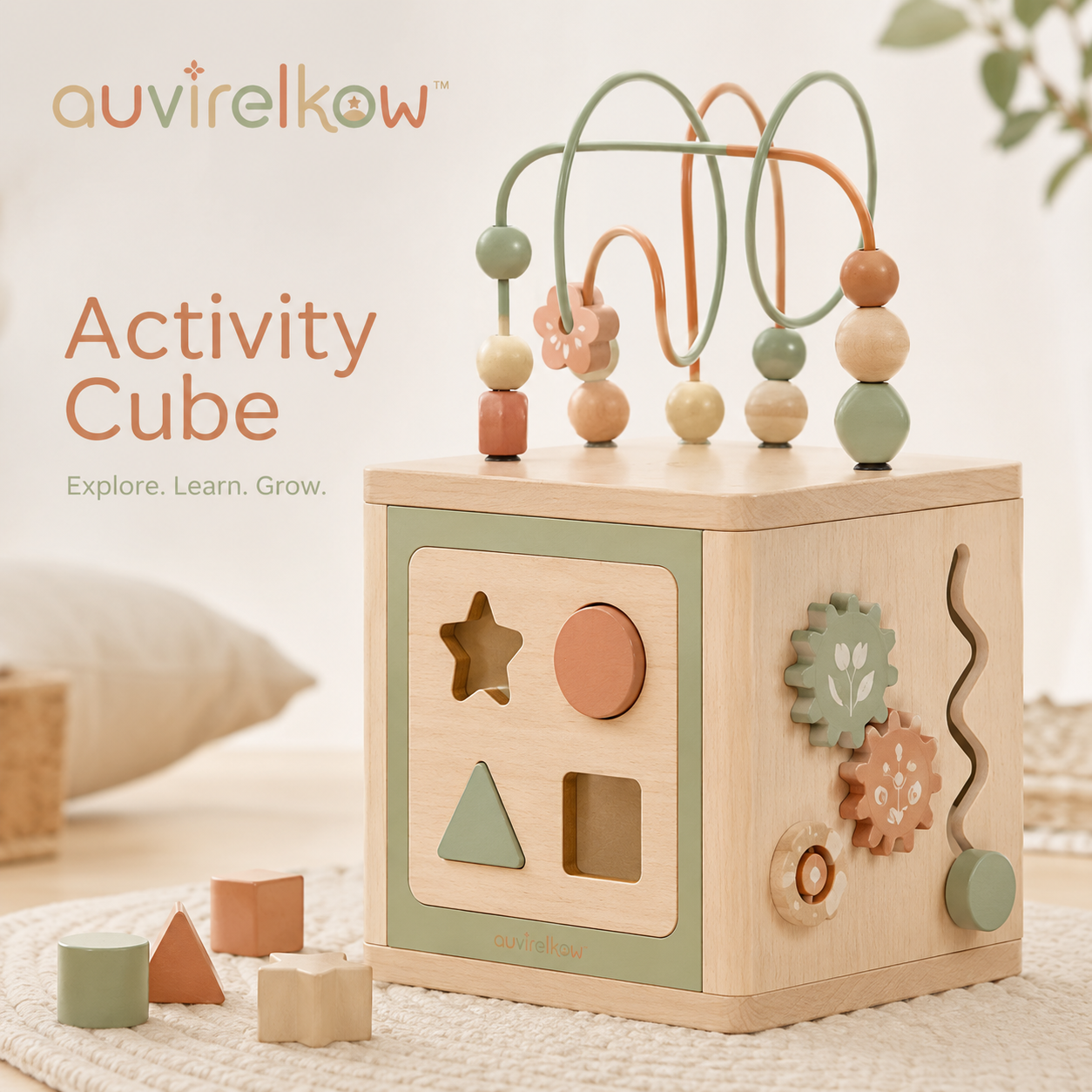 Wooden Activity Cube for Toddlers, Montessori Busy Box with Bead Maze, Gears and Sensory Play