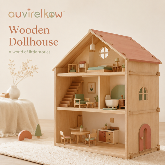 Modern Wooden Dollhouse with Furniture, Neutral Pretend Play Home and Kids Room Gift