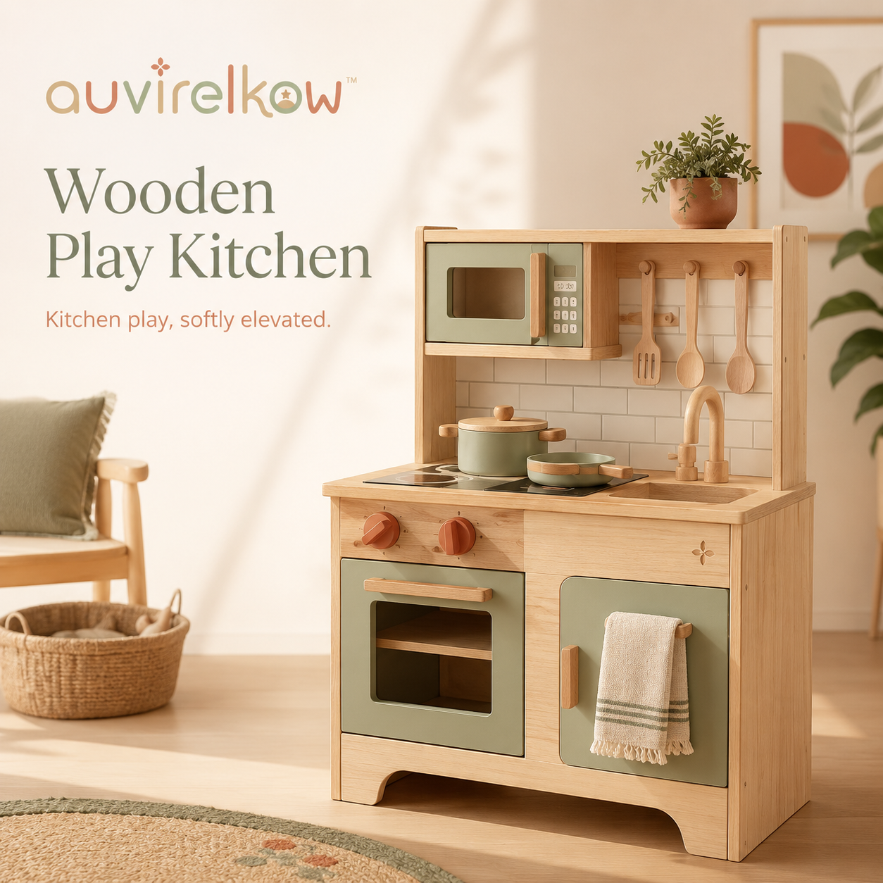 Modern Wooden Play Kitchen Set, Pretend Cooking Station with Utensils and Role Play Gift
